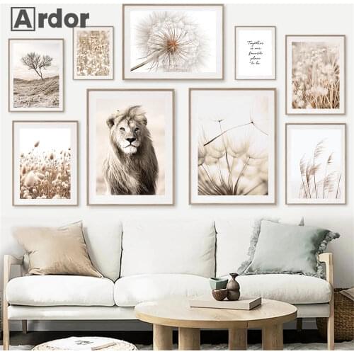 Reed Lion Poster Dry Grass Tree Landscape Wall Art Painting Beige Dandelion Canvas Print Nordic Wall Pictures Living Room Decor