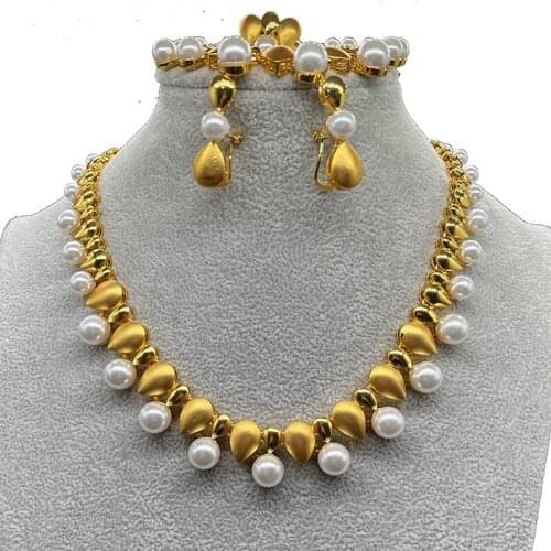 Pearl Nigerian Dubai Jewelry Sets for Women/Girls Arab Gold Color Pendant and Earrings Africa Ethiopian Jewellery Bridal Gift