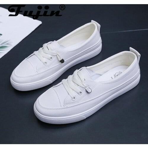 Fujin durable2021 low platform sneakers women shoes female pu leather Walking sneakers Loafers White flat slip on Vacation shoes