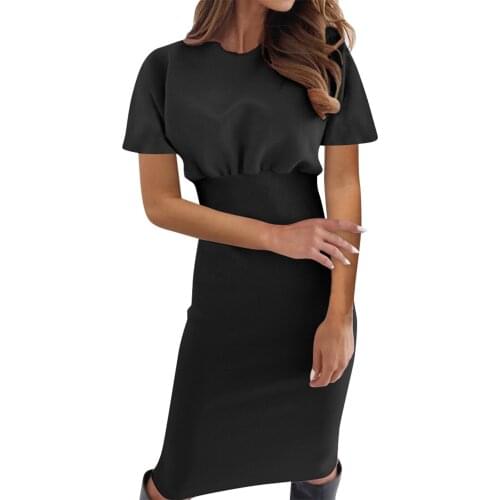 Women Solid Sheath Long Sleeve Dress Elegant Female Fashion Short Sleeve O Neck Party Office Club Dresses 2021 New Fashion