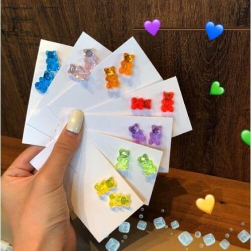 Creative Handmade Transparent Colorful Little Bears Earring Studs for Women Girls Cartoon Resin Jelly Bears Funny Animal Jewelry