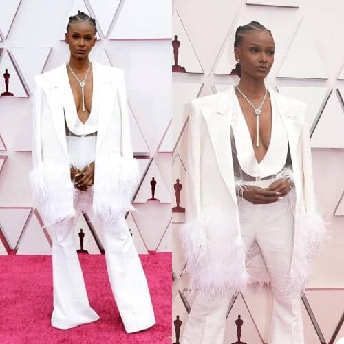 White Feather Women Suits Plus Size Celebrity Red Carpet Wide Pants Suit Ladies Prom Party Wedding (Jacket+Pants)