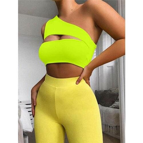 Womens Fashion Causal Solid Hollow Out One Shoulder Sleeveless Bra Ladies Vest Sexy Slim Tank Free shipping Crop Top