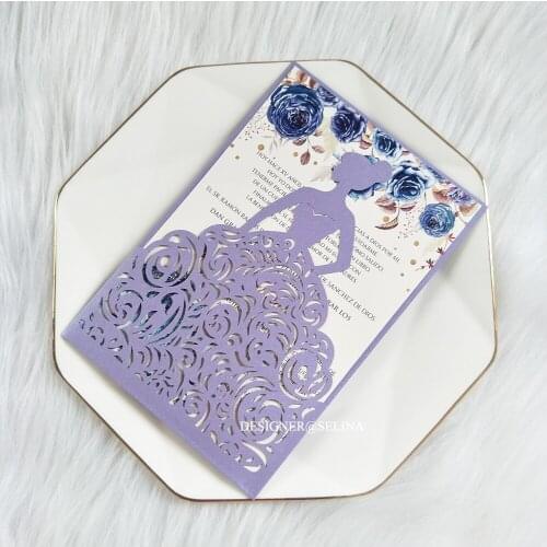 100 Piece/Lot) Voilet Princess Wedding Invitations With Personalized Printing DIY Laser Cut Girl Birthday Greeting Cards