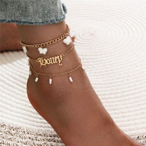 Yobest Bohemian Multilayer Butterfly Anklets Letter Honey Acrylic Alloy Anklet for Women Fashion Foot Chain Bracelet Jewelry