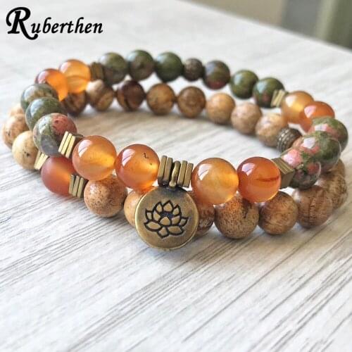 Ruberthen Unakite Lotus Energy Protection Bracelet Picture Jaspers Carnelian Wrist Bracelet Prayer Yoga Mala Bracelet For Women