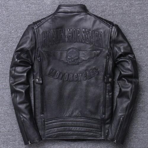 Halley Genuine Leather Clothing Male Head Layer Thickness Cowhide Skin Loose Coat Human Skeleton Embroidery Motorcycle Real