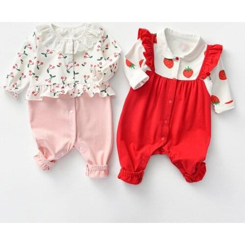 Baby Girl Jumpsuit Long Sleeve Spring/Autumn Girls Rompers Strawberry Printed Newborn Onesie Pink/Red Twins Girls Jumpsuits