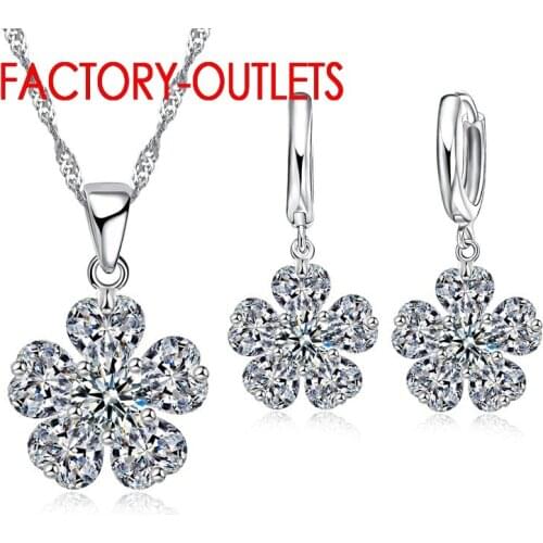 Pendant Necklace Hoop Earrings Jewelry Set 925 Sterling Silver Cubic Zirconia Flower Design Lovers' Gift For Party Engagement