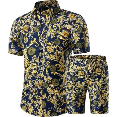 Pattern Tracksuit Men Summer Beachwear Mens Set Mens Notched T Shirts +Shorts Two Piece Sets Floral Beach Swaet Suit 5XL 2021
