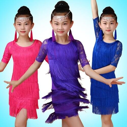 Girls Lace Tassel Stage Performance Competition Cha Cha/Rumba/Samba/Ballroom Dance Costume Latin Dance Dress for Girl