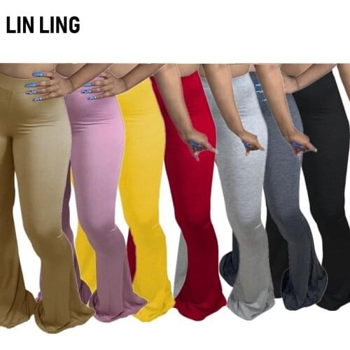 LINLING Solid Color Leisure Bodycon Elastic High Waist Abdominal Movement Running Hip Bottom Flared Pants