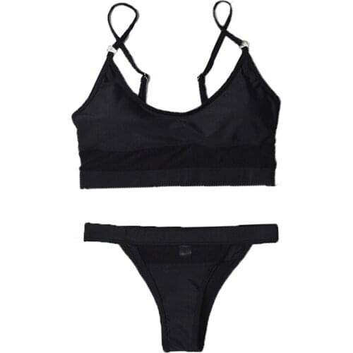 VSUE Sexy Bikini Set Two Piece Swimsuit Swimwear Women Solid White Black Mesh Patchwork Swimming Suit Beachwear Y0045