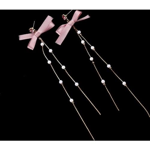 Hot Fashion Ribbon Bowknot Stud Earrings Pink Bow Crystal imitation Pearl Long Tassel Earrings For Women Girls Jewelry