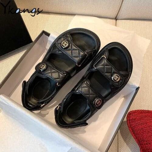 Fashion Luxury Shoes Slipper PU leather Women Sandals Black Plaid Flat Casual Slides Lady Summer Outdoor Beach Female Flip Flops