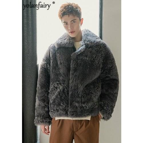 Real Fur Coat Men Original Winter Sheep Shearling Jacekt Man Short Mens Fur Coat Warm Lamb Fur Jackets Coats 2020 19341 KJ3321