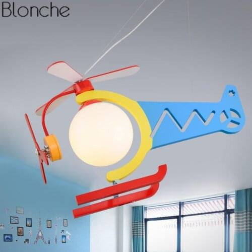Modern Cartoon Aircraft Pendant Lights Led Creative Wood Hanging Lamp for Kids Childrens Room Bedroom Home Decor Luminaire E27