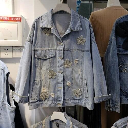 Beads Rhinestones Denim Jacket for Women European Streetwear Autumn Coat New Loose Female Outwears Veste Femme