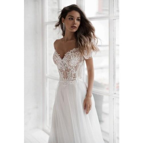 GY New V-Neck Off The Shoulder Appliqued Bride Dresses A Line Elegant Lace Wedding Gown
