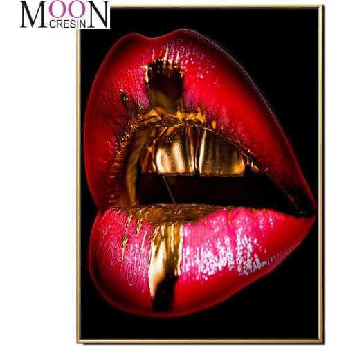 3D picture of rhinestones mosaic Red Lips With Golden Teeth full embroidery paint with diamonds painting sale crystal beads