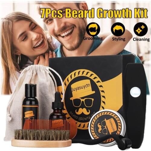 7 Pcs/set Men Beard Growth Kit Hair Growth Enhancer Thicker Oil Nourishing Leave-in Conditioner Beard Grow Set with Comb