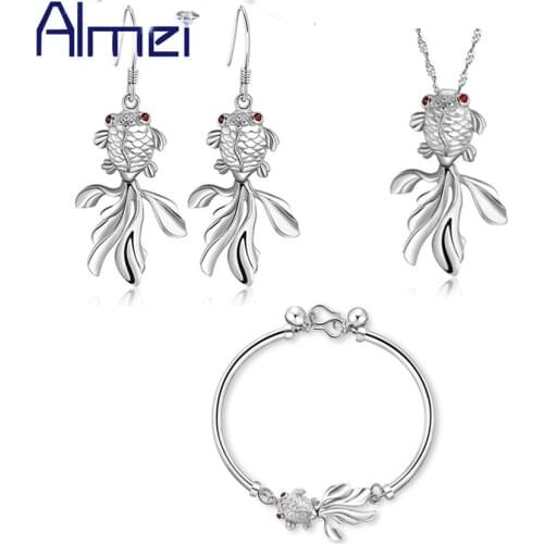 Almei Silver Jewelry Sets Elegant Fashion Bracelet and Earrings Necklace Set Cute Gold Fish Accessories for Kids 2016 Gifts T179
