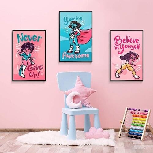 English Inspirational Phrase Poster Never Give Up Cartoon Girl Canvas Painting Children Bedroom Study Decor Wall Art Pictures