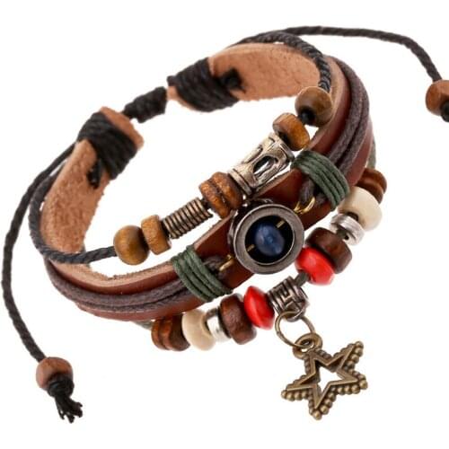 Vintage Retro Rock Star Fashion Bracelet Wrap Handmade Rope Leather Beads Charm Bangle Adjustable Wristbands Unisex Jewelry Gift