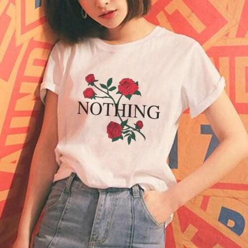 Summer T Shirts Women Short Sleeve Tee Solid Women Fashion White Casual Top Female Office Style NOTHING Flower Print 90s T-shirt
