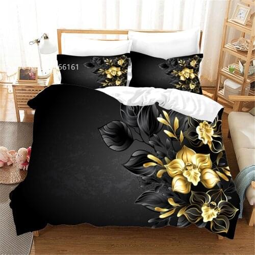 Black Gold Floral Bedding Set 3D Print Luxury Beautiful Flowers Duvet Cover Single Queen King Bed Quilt Cover Home Bedspread