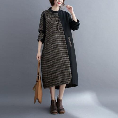 Korean Plaid Stitching Cotton Dress Women 2020 Autumn and Winter Casual Warm Loose Wild Large Size Dress Irregular Robes k1272