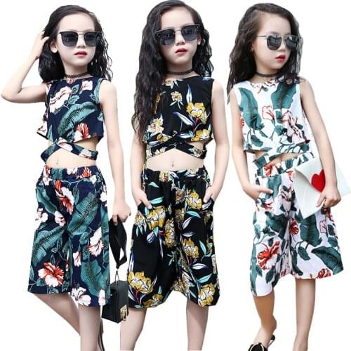 Girls Suit Cotton Clothing Sets Children Printed Sleeveless Tops + Wide-Legged 7 Minutes Of Pants Girls Summer Clothes Sets