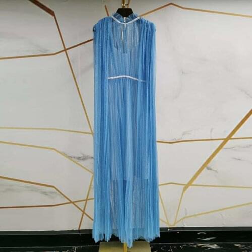 Runway Fashion Red 2021 Spring Summer Women Mesh Loose Holiday Party Maxi Long Blue Dress Vestidos