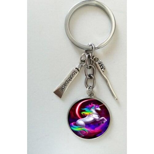 Fashion Keychain round glass unicorn style art gifts Fashion Bag Car Key chain Round Glass Cabochons Supplies Craft Keychain