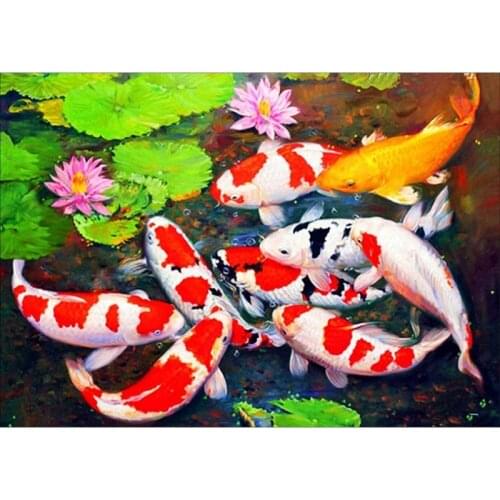 DIY Diamond Painting By Number Kits, Painting Koi Fish Pond Lotus Paint with Diamonds Arts Full Drill Canvas Pictures
