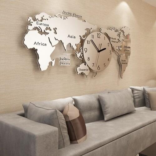 70*34cm 3D World Map Wall Clock Modern Design Acrylic Sticker Large Metal Clock Luxury Hanging Clocks Wall Watch Silent Clock