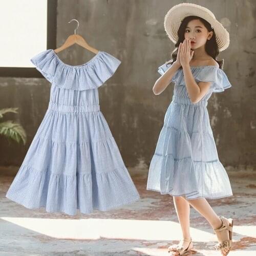 2021 New Cotton Teen Girls Dresses Children Summer Clothes Kids Blue Striped Patchwork Dress Baby Clothing For Age 4- 15 Years
