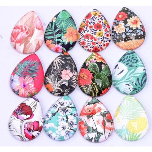 Onwear 20pcs Mixed Flower Pattern Photo Glass Cabochon Teardrop 18x25mm Diy Earring Pendant Making Accessories