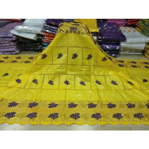 Wholesale Yellow Nierian Bazin Riche Cotton Lace Fabric Embroidery African Bazin Riche Lace Fabric With Stones For Party Dress