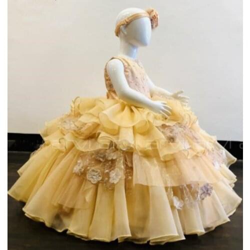 Princess Flower Girls Dresses Lace Tulle Pearls 2022 New Ball Gown Baby Girl First Birthday Dress