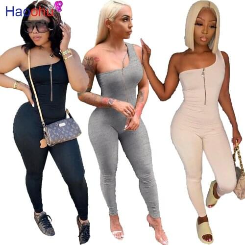 HAOOHU One-Shoulder Casual Sporty Rompers Women Jumpsuit Fitness Sleeveless Bodycon Workout Active Wear Fashion Jumpsuits 2021