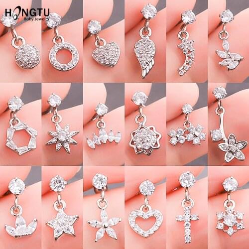 HONGTU 1PC Silver Color Flower Heart Hexagon Zircon Tragus Ear Piercing 20g Stainless Steel Daith Earrings Helix Cartilage Studs