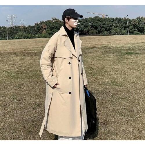 Autumn Trench Coat Mens Fashion Black/Khaki Casual Long Coat Men Streetwear Korean Loose Windbreaker Jacket Mens Overcoat M-2XL