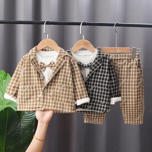 Spring Autumn Children Baby Boys Clothing Toddler Plaid Clothes Plaid Weeding Suits Kids Gentleman Suits T Shirt Pants 3pcs/Set