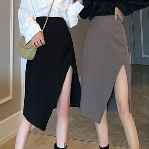 Women spring and summer irregular open fork show thin high waist a word skirt show high Polyester Solid Straight skirt