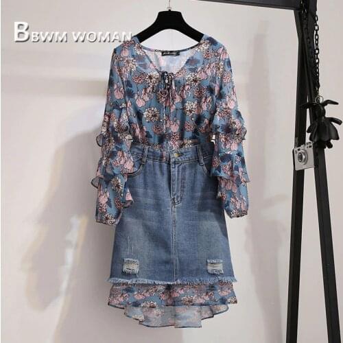 Plus Size Flower Blouse and Denim Skirt Women Sets 2019 Female Sets