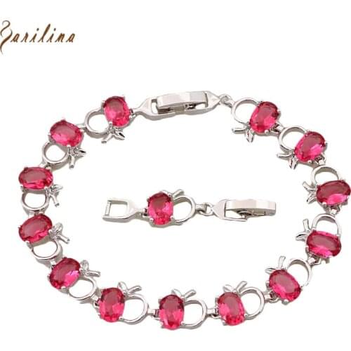 Adorable Silver Color Apple Red Cubic Zirconia Stone Charm Bracelets & Bangles Womens Fashion Jewelry 20.5cm 8.07 Inch B409