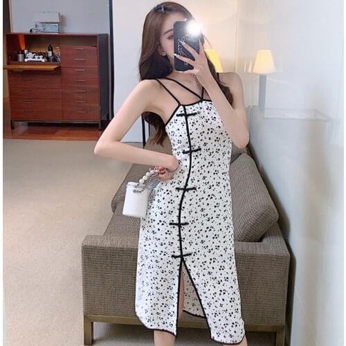 Summer Ladies Mid-Length Chinese Style Elegant Sexy Printed Sling Cheongsam Nylon Cotton Dress 2021 Clothing Women A150
