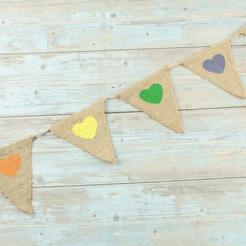 1set=7 Flags Colorful Heart Jute Burlap Bunting Banner flag Rustic vintage wedding decoration birthday baby shower decoration