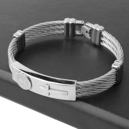 12mm New Gift Stainless Steel Silver Color 3 Rows Wire Cable Chain Mens Womens Cross Crucifix Design Bracelet Cuff Bangle 7.67"